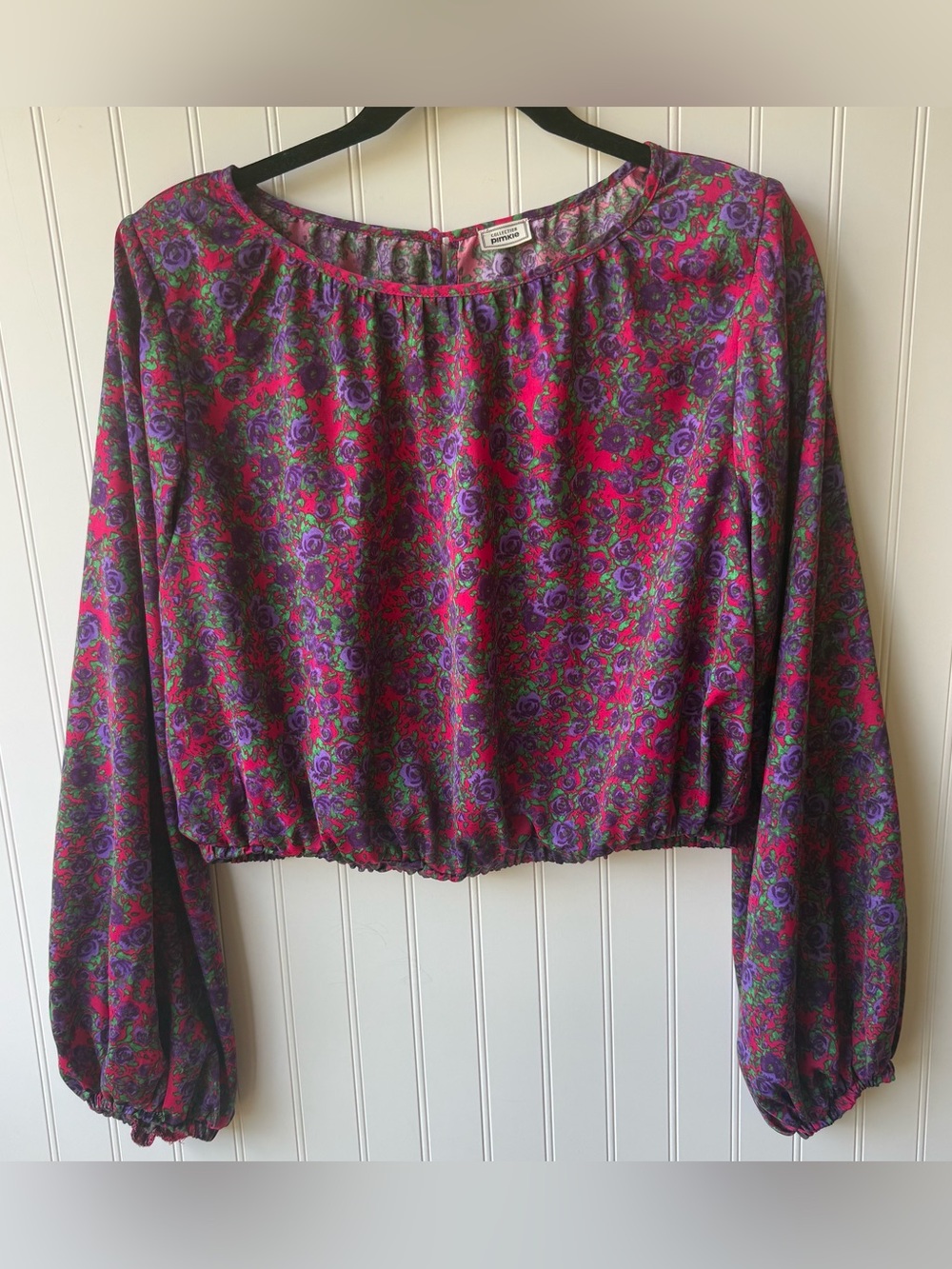 Pimkie Floral Satin Crop Blouse XL Pink Purple Shoulder Pad Top